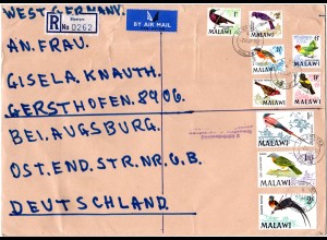 Malawi 1970, 9 Werte Vögel auf Luftpost Einschreiben Brief n. Deutschland