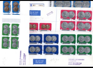 Aitutaki 69-75, Kursmünzen kpl. 4er-Block Satz auf 5 Briefen, dabei Einschreiben
