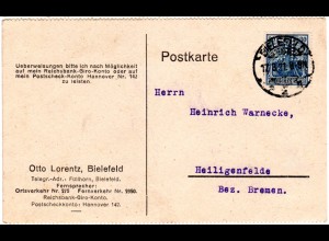 DR 1921, 30 Pf. Germania m. perfin auf Firmen Karte v. Bielefeld