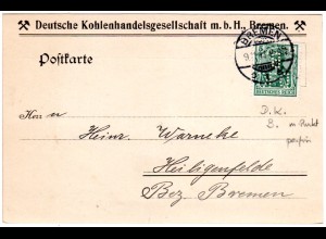 DR 1911, 5 Pf. Germania m. perfin Firmenlochung auf Karte v. Bremen 