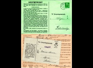 Norwegen 1942, m. L1 VAGAN portofrei zurückgesendete 15+15 öre Antrags Ganzsache