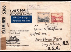 Schweiz 1942, 40 C.+2 Fr. auf Luftpost Zensur Brief v. Basel n. USA