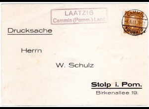 DR 1931, Landpost Stpl. LAATZIG Cammin (Pomm.) Land auf Karte m. 3 Pf.