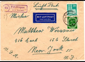BRD 1952, Landpost Stpl. 14b FLÖZLINGEN über Rottweil auf Luftpost Brief n. USA