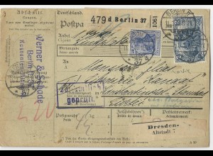 DR 1916, 20 Pf.+2 Mk. auf Paketkarte v. Berlin i.d. Türkei. #2744
