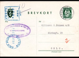 Norwegen 1957, 10 öre Porto-Maschinenfreistpl. auf 20 öre Ganzsache v. Sarpsborg