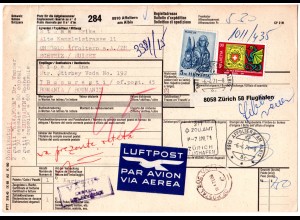 Schweiz 1971, 5 Fr.+30 C. auf Paketkarte v. Affoltern m. gr. Luftpost-Etikett