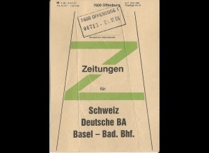 BRD 1986, R2 Offenburg auf Bief Bund Fahne f. Zeitungen i.d. Schweiz. Bahnpost.