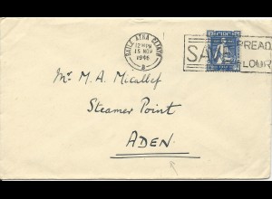 Irland 1946, 2 1/2 P. auf Brief n. Aden. Destination! 
