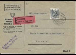 Schweiz 1940, EF 40 C. Kreuz auf Militärpost Eilboten Brief v. Zürich Kaserne