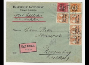 Bayern 1920, 6 Freistaat Werte auf Eilboten Brief v. Augsburg. #475