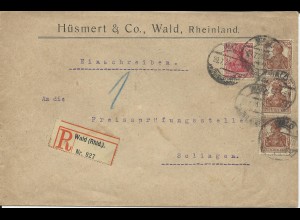 DR 1920, Wald Rheinland, Firmen Einschreiben Brief m. 4 Marken n. Solingen