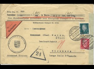 DR 1929, 15+20 Pf. auf Nachnahme Brief v. Stuttgart Cannstadt n. Nürnberg.
