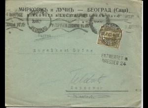 Jugoslawien 1923, Dresden Nachentwertung auf Brief m. 2 D. v. Belgrad
