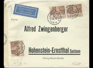 Schweden 1941, 15 öre+Paar 15 öre 3seitig gez. auf Luftpost Brief n. Deutschland