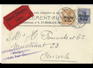 Belgien 1917, 8+25 C. auf Eilboten Firmen Karte v. Sint-Niklaas. Zensur!
