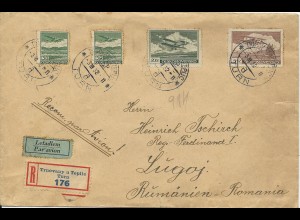 Tschechoslowakei 1932, 4 Marken auf Reko Luftpost Brief v. Turn n. Rumänien