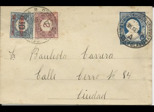 Uruguay 1905, 2+1/10 C. Provisorio Porto Marken auf Ganzsache Brief v Montevideo