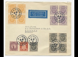 Schweden 1945, 15 Marken auf Luftpost Brief i.d. Schweiz, dabei 4er-Blöcke!