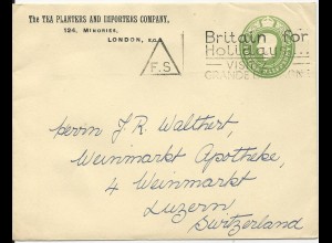 GB, 1/2d Ganzsache Brief "Tea Planters..." m. "Holidays..." Werbestempel.