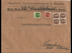 Bayern 1920, 4er-Block 50 Pf.+5+10 Pf. auf Bank Wert Brief v. München.