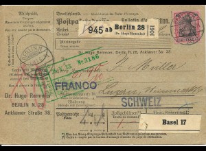 DR 1913, EF 80 Pf. Germania m. WZ auf Paketkarte v. Berlin i.d. Schweiz.