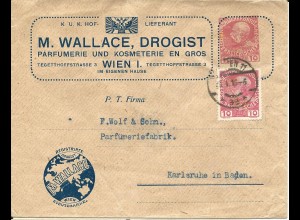Österreich 1916, 10 H. m. perfins auf 10 H. Parfumerie Privat Ganzsache v. Wien