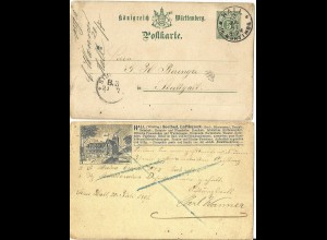 Württemberg 1891, 5 Pf. Ganzsache m. rs. Bildzudruck Solbad Hall, AK Vorläufer