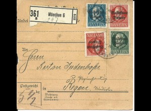 Bayern 1919, 4 Werte Volksstaat auf Paketkarte v. München 6 n. Regen.