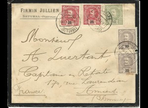 Portugal 1900, 5 Marken auf Trauer Brief v. Setubal n. Frankreich.