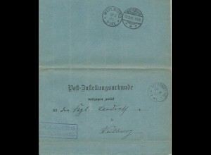 DR 1901, Post Zustellungsurkunde m. K1 MERENBERG, rs. 2 versch. Stpl. Weilburg