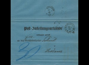 DR 1885, Post Zustellungsurkunde m. K1 DORCHHEIM u. rs. HADAMAR