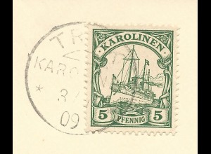 Karolinen 1909, 5 Pf. auf Briefstück m. Stpl. TRUK
