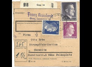 DR Österreich, 2 Mk.+25+40 Pf., Ostmark Paketkarte v. Graz n. Chemnitz