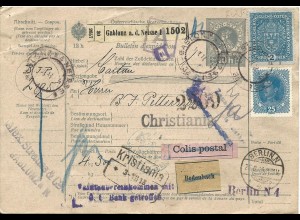 Österreich 1918, 2 Kr.+25 H. auf 10 H. Paketkarte v. Gablonz n. Norwegen.