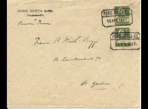 Schweiz 1927, PONTE TRESA F.L., bahnamtl. Stpl. auf Brief m. Paar 10 C.