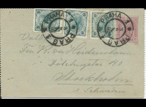 Österreich 1902, 3x5 H. Zus.fr. auf 10 H. Karten Brief v. Prag n. Schweden.