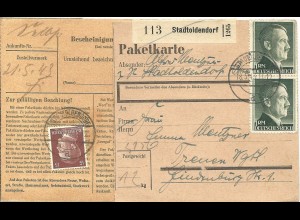 DR 1943, Paar 1 Mk. vorder- u. 15 Pf. rücks. auf Paketkarte v. Stadtoldendorf