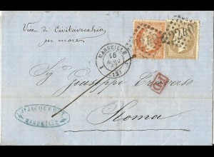 Frankreich 1867, Schiffspost Brief "Civitavecchia per Mare" i.d. Kirchenstaat. 