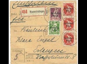 DR 1920, 5 Werte Bayern Überdruck auf Einschreiben Paketkarte v. Wassertrüdingen