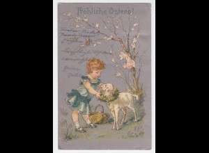 Fröhliche Ostern m. Kind, Eierkorb u. Osterlamm, 1904 gebr. Farb AK