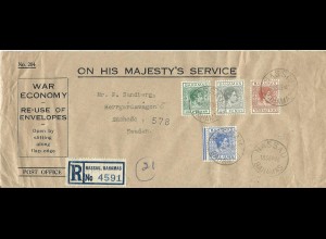 Bahamas 1940, offiz. War Economy Envelope, Einschreiben m. 4 Marken n. Schweden