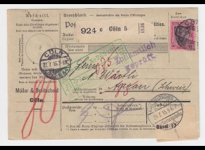 DR 1915, 80 Pf. Germania auf Auslands Paketkarte v. Köln i.d. Schweiz