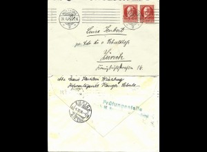 Bayern 1914, 2x10 Pf. auf Zensur Brief v. Würzburg i.d. Schweiz.
