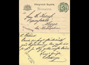 Bayern 1898, Kottern Neudorf, L2 Aushilfstpl. rücks. auf Ganzsache v. Würzburg.
