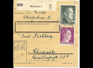 DR 1943, 1 Mk.+40 Pf. auf Paketkarte v. Oberfrohna