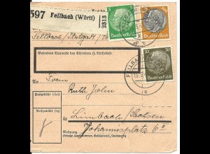 DR 1941, 5+30+100 Pf. auf Paketkarte v. Fellbach