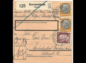 DR 1942, 15+2x100 Pf. auf Paketkarte v. Kornwestheim