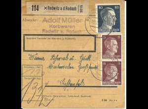 DR 1942, 80+Paar 15 Pf. auf Paketkarte v. Redwitz an der Rodach.