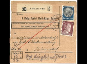 DR 1942, 80+15 Pf. auf Paketkarte v. Furth im Wald n. Strössendorf.
